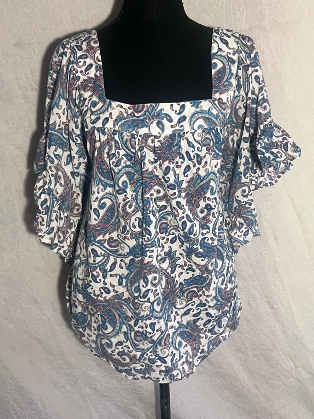 Terra & Sky White Paisley Square-Neck Blouse with Blue Accents
